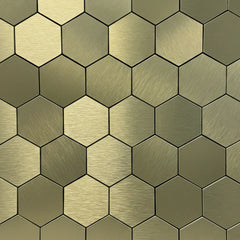 Full wall view of gold hexagon mosaic wall tiles 30 x 30cm pack of 10 by Solid Furniture LTD installed for a seamless feature wall