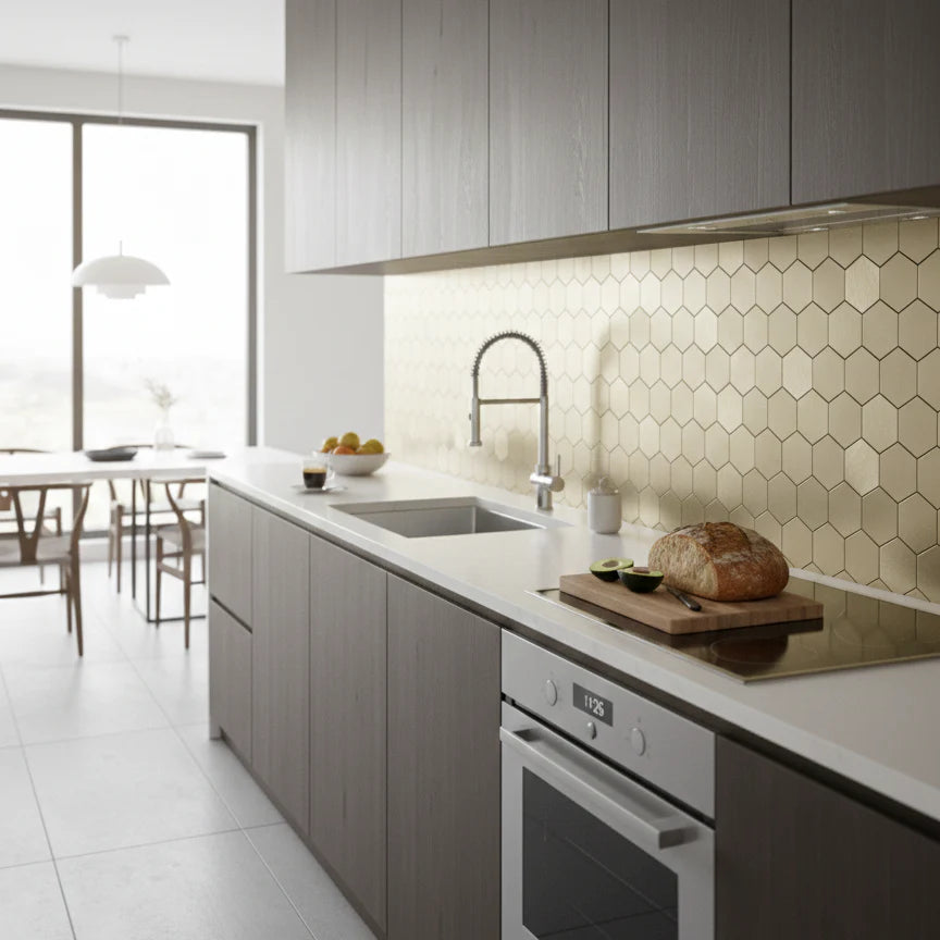 Gold hexagon mosaic wall tiles 30 x 30cm pack of 10 by Solid Furniture LTD installed as stylish kitchen backsplash