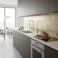 Gold hexagon mosaic wall tiles 30 x 30cm pack of 10 by Solid Furniture LTD installed as stylish kitchen backsplash