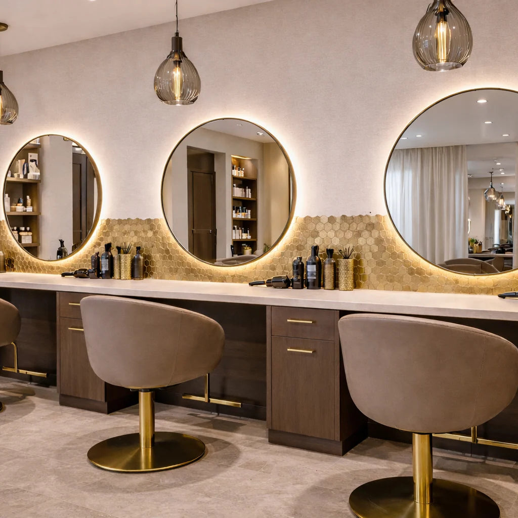 Close-up of gold mini hexagon mosaic wall tiles 30 x 30cm pack of 10 by Solid Furniture LTD installed in a barber shop highlighting texture and shine