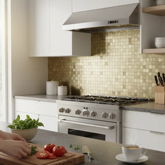 Gold square mosaic wall tiles 30 x 30cm pack of 10 by Solid Furniture LTD installed as kitchen backsplash