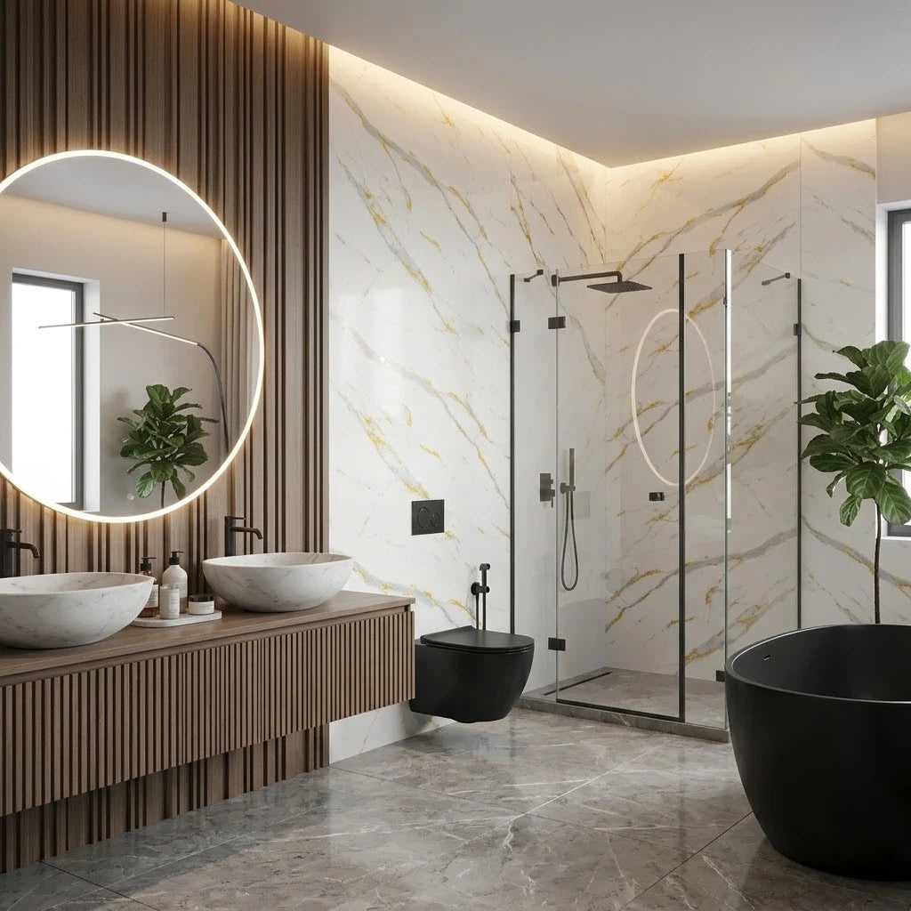 Gold and white marble effect PVC wall panels 90×240cm fitted in a modern bathroom by Solid Furniture UK