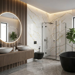Gold and white marble effect PVC wall panels 90×240cm fitted in a modern bathroom by Solid Furniture UK