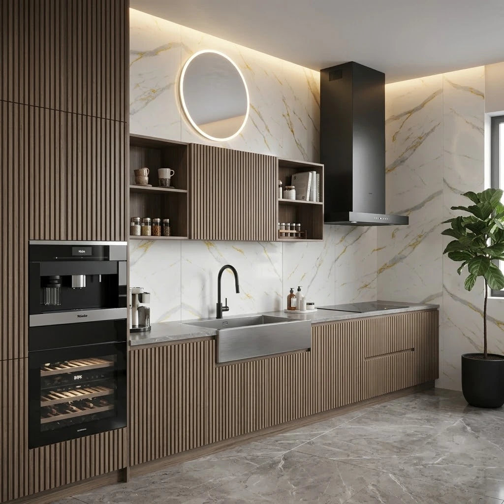 Marble effect PVC wall panels 90×240cm creating an elegant finish in a contemporary kitchen by Solid Furniture UK