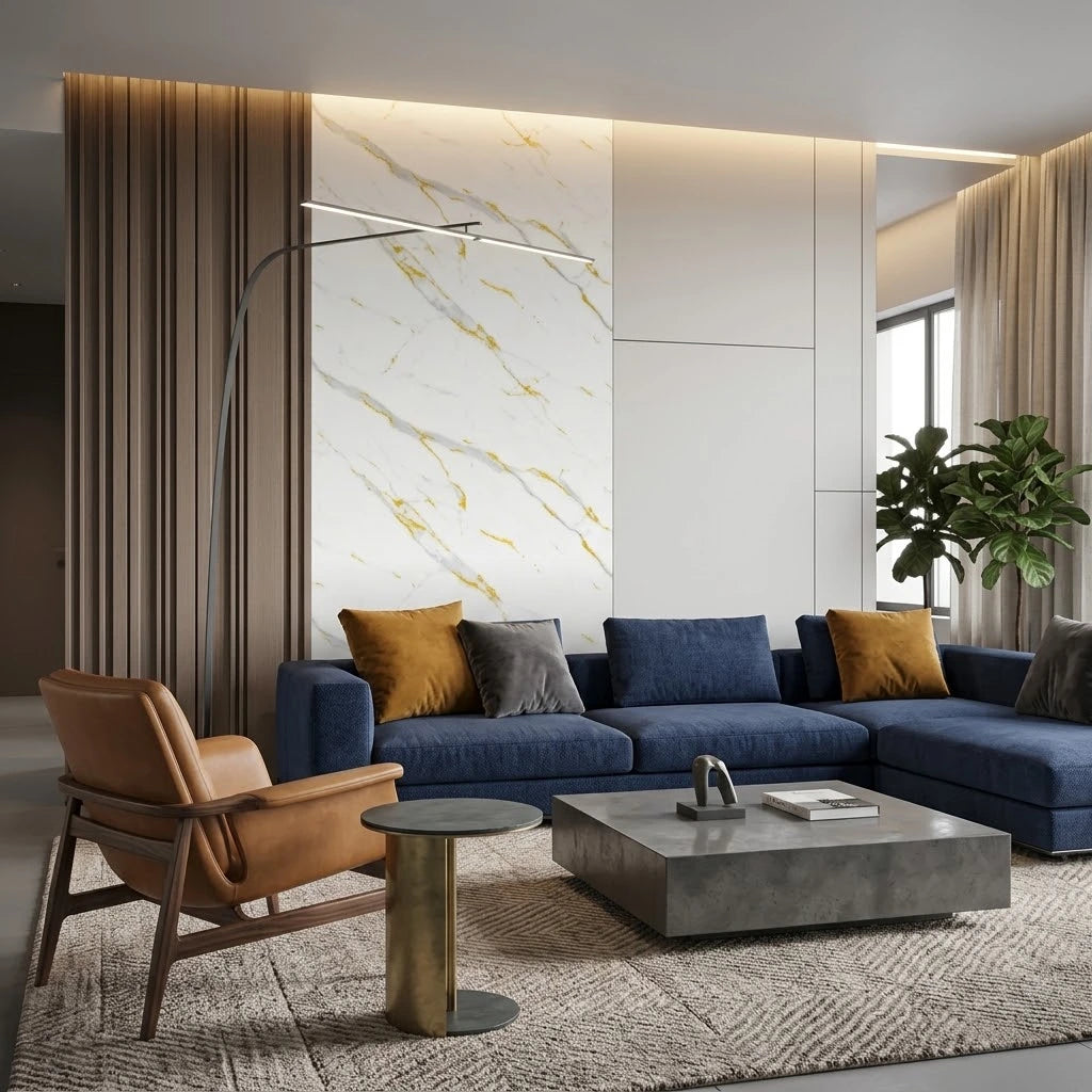 Gold and white marble style PVC wall panels 90×240cm used as a feature wall in a modern living room by Solid Furniture UK