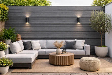 Grey exterior composite wall panels with wood grain finish installed outdoors