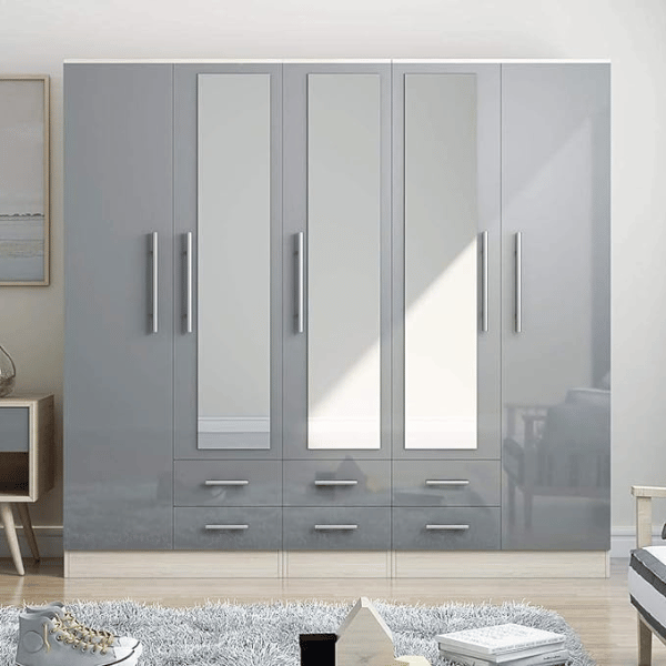 Modern grey gloss 5 door wardrobe with 3 mirrors for contemporary bedroom storage