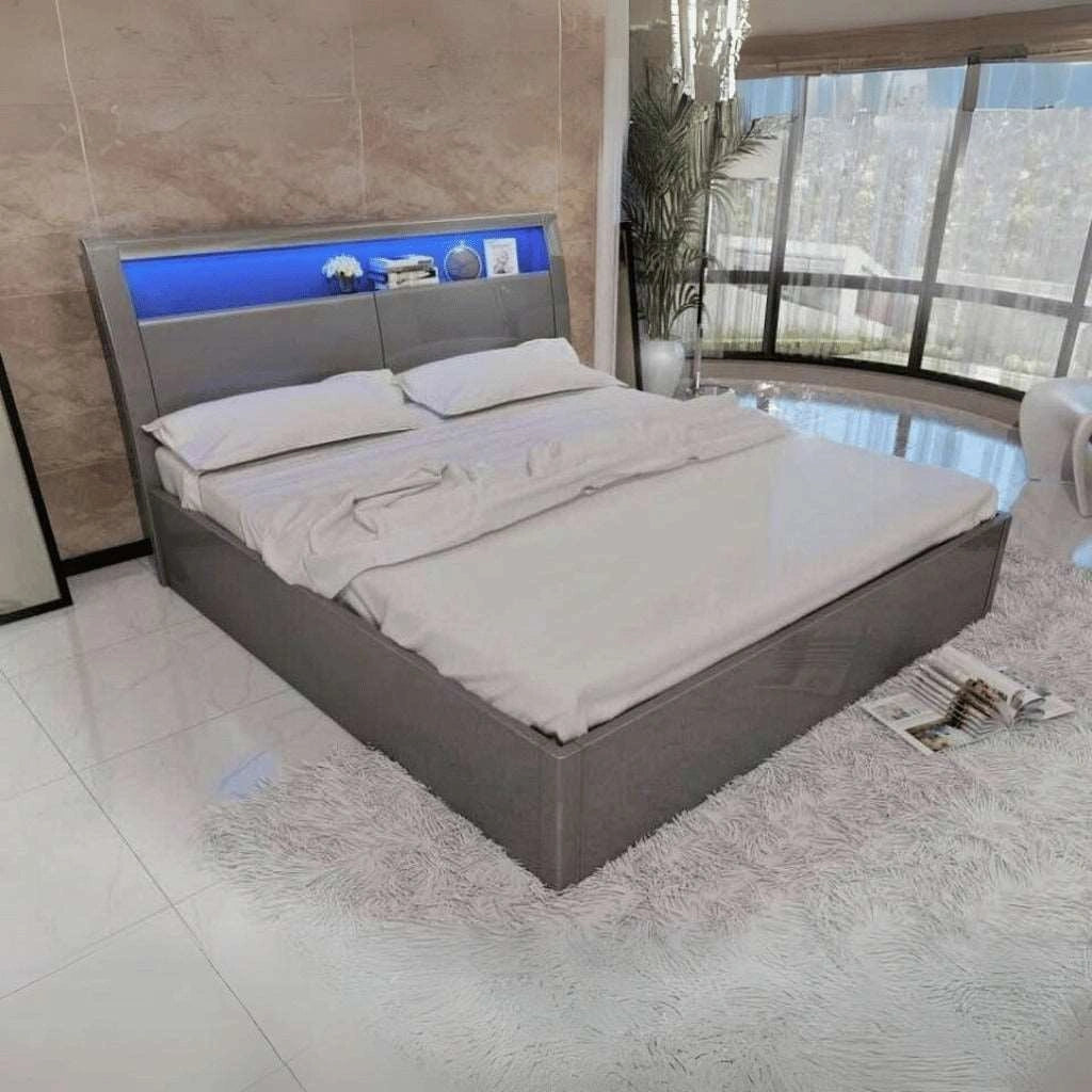 Grey High Gloss Ottoman Bed with LED Lighting by Solid Furniture UK