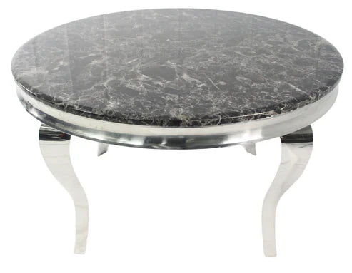 1.3m round Grey Louis marble effect dining table with chrome pedestal base from Solid Furniture UK modern dining furniture