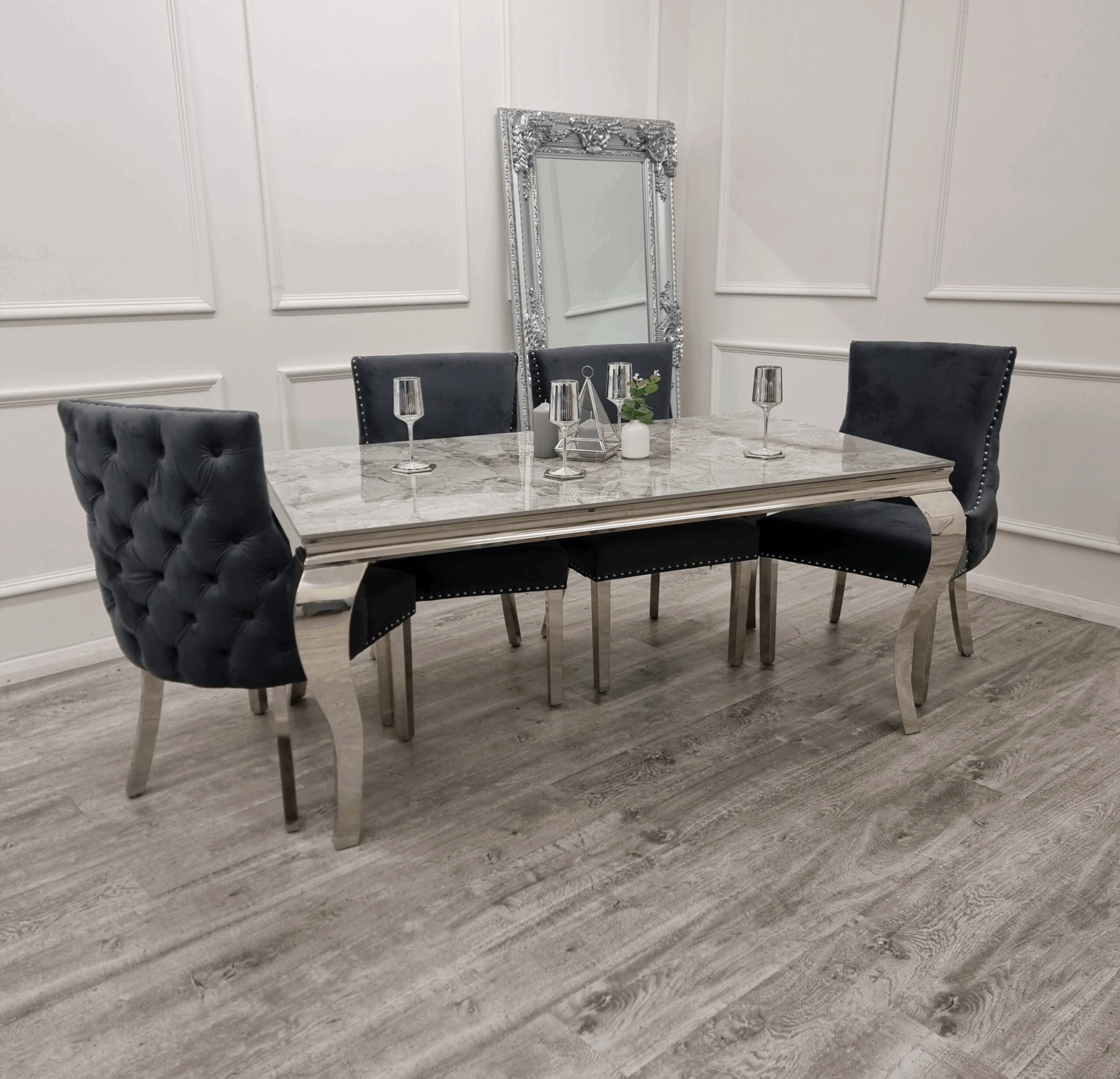 Grey Louis marble effect dining table with dark grey Kensington chairs main view from Solid Furniture UK modern dining set