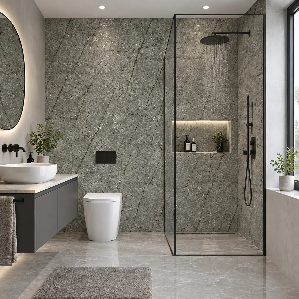 Grey marble effect PVC wall panels 60×240cm by Solid Furniture UK installed in a modern bathroom.