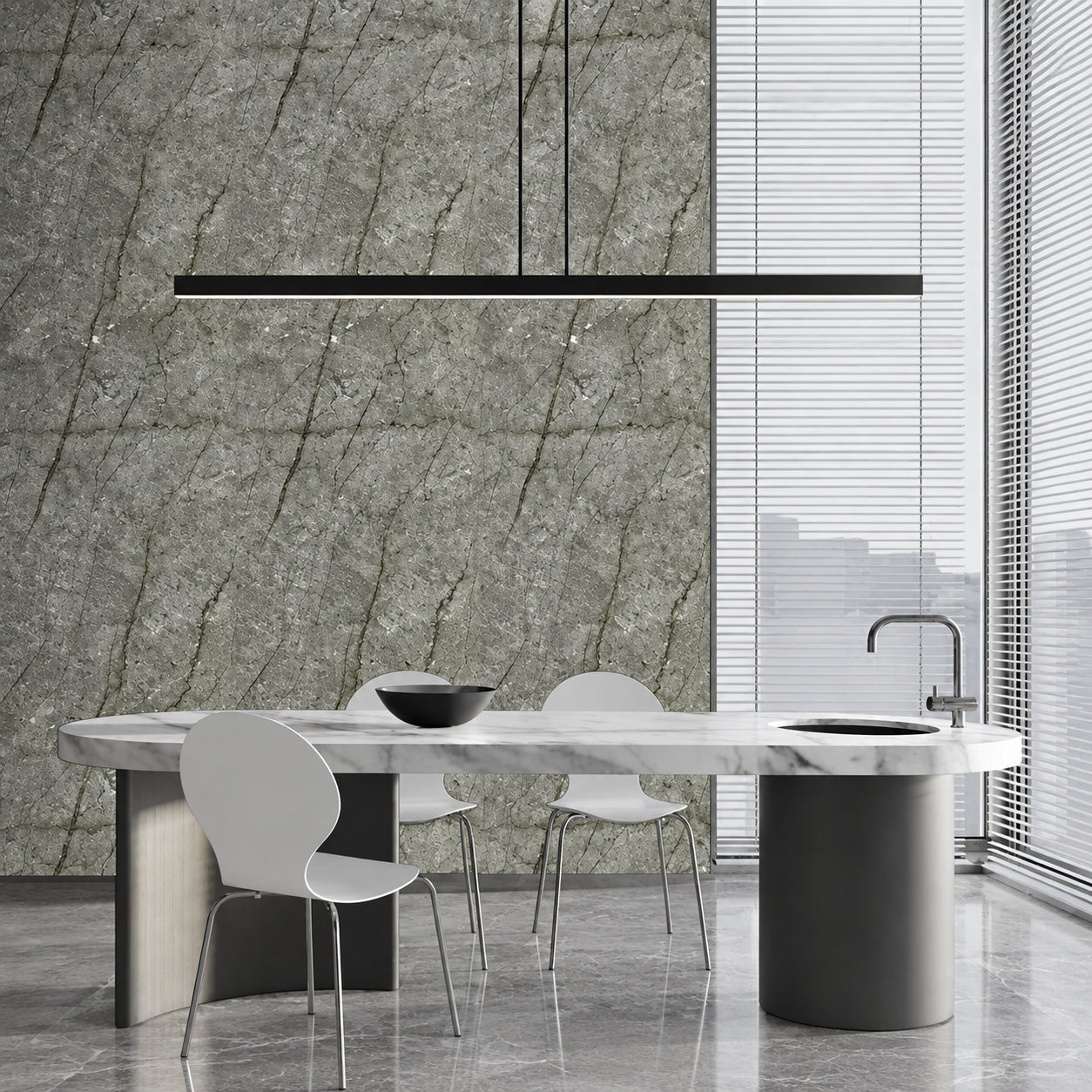 Grey marble effect PVC wall panels 60×240cm by Solid Furniture UK installed in a modern kitchen.