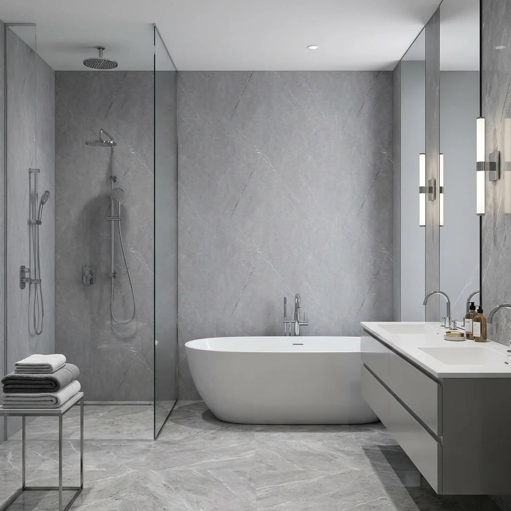 Grey marble PVC wall panels 90×240cm fitted in a contemporary bathroom by Solid Furniture UK
