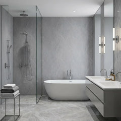 Grey marble PVC wall panels 90×240cm fitted in a contemporary bathroom by Solid Furniture UK