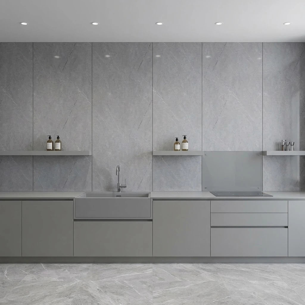 Grey marble PVC wall cladding 90×240cm installed in a modern kitchen by Solid Furniture UK