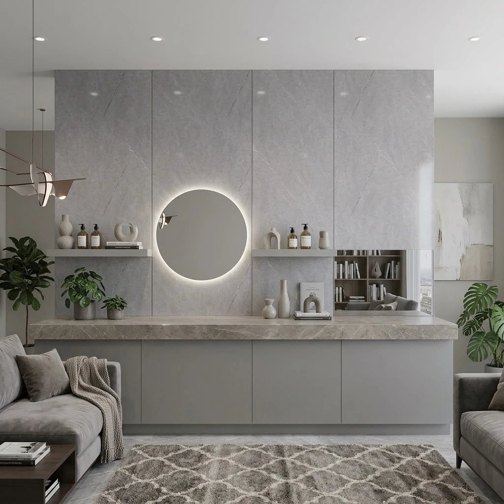 Grey marble PVC wall cladding 90×240cm installed in a modern living room by Solid Furniture UK