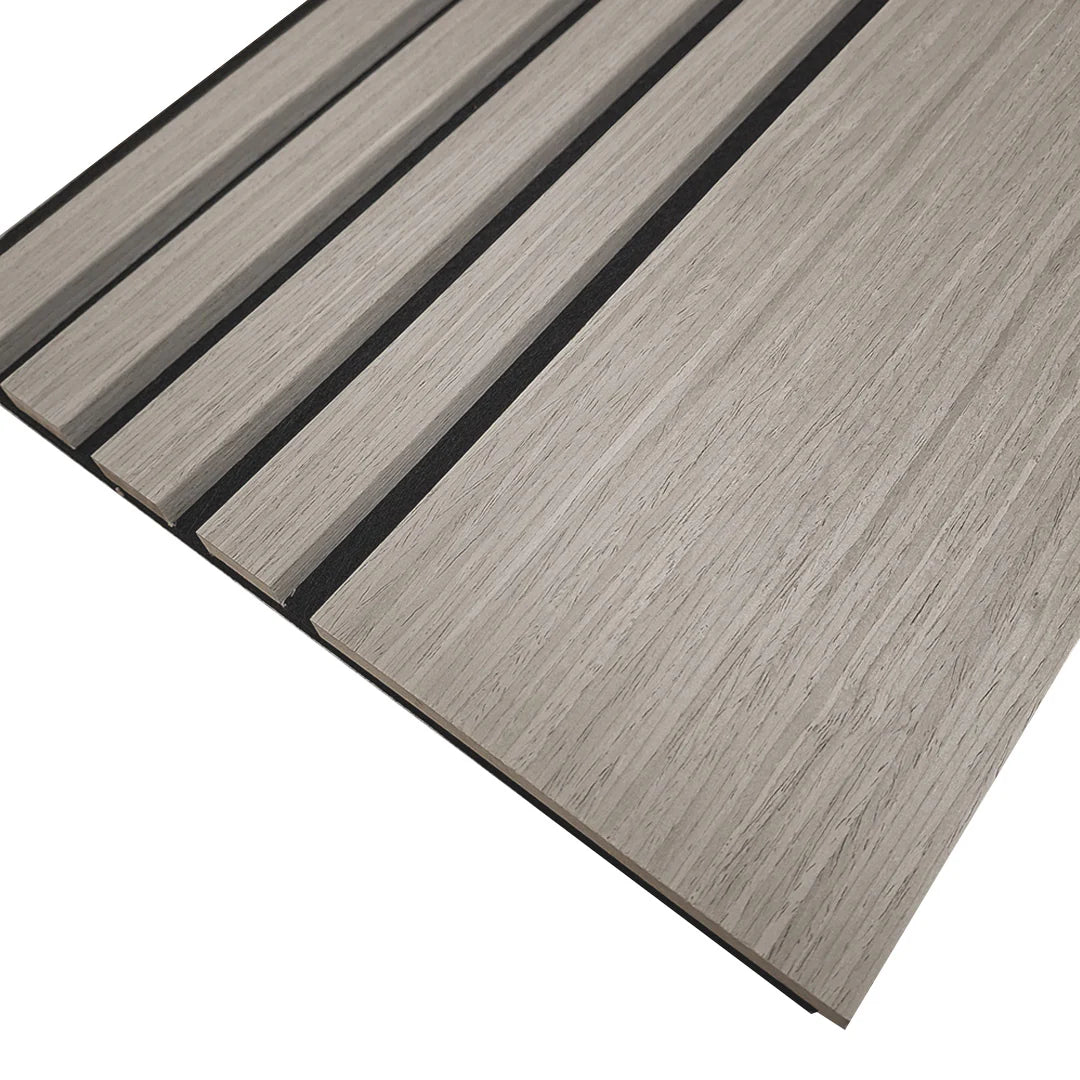 Grey Oak 240 x 30 cm acoustic wood veneer wall panels by Solid Furniture UK for contemporary modern interior feature walls