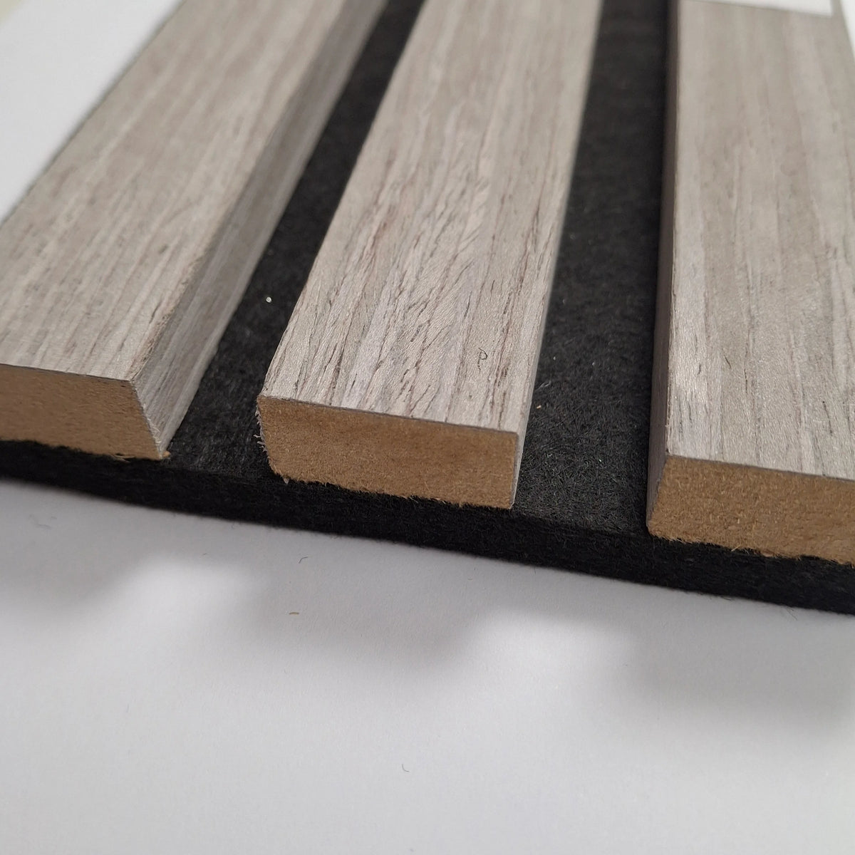 Grey Oak Acoustic Slatted Wall Panel with high-performance felt backing for home and office interior design solid Furniture UK