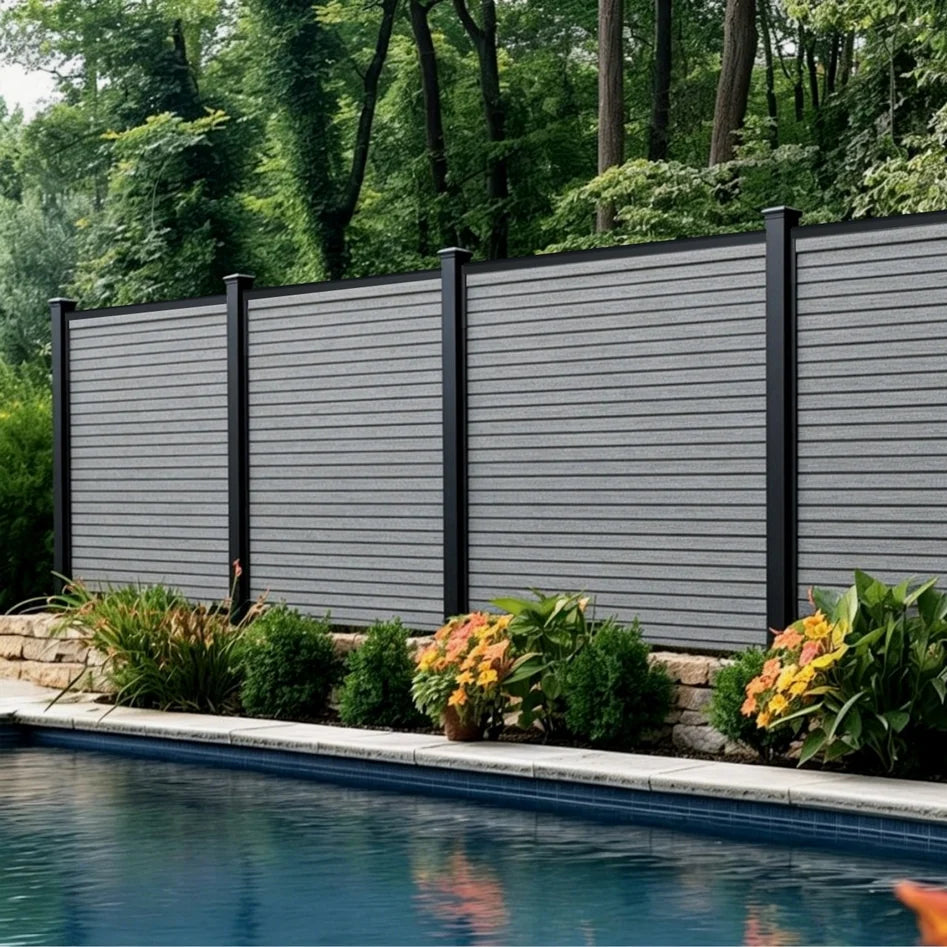 Grey oak composite fence panels installed view by Solid Furniture UK
