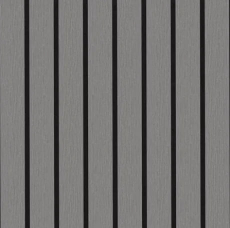 Grey Oak wide slat 3sided acoustic wall panels installed in modern living room solid furniture UK