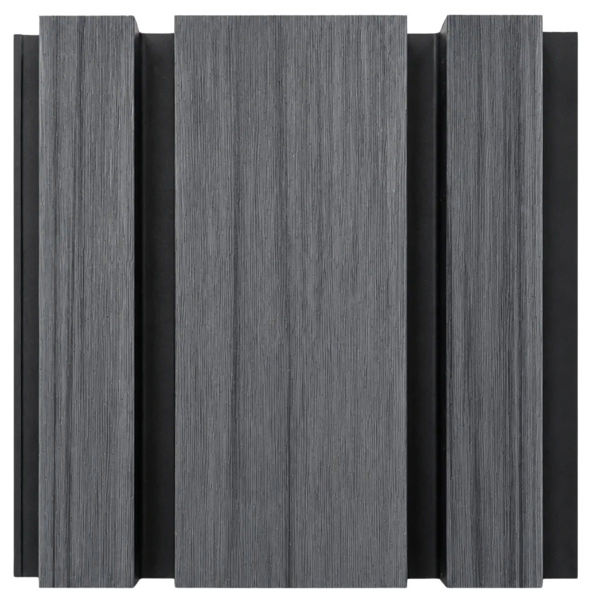 Detailed close up of Grey Oak composite slat wall panel with UV resistant wood effect finish solid furniture UK