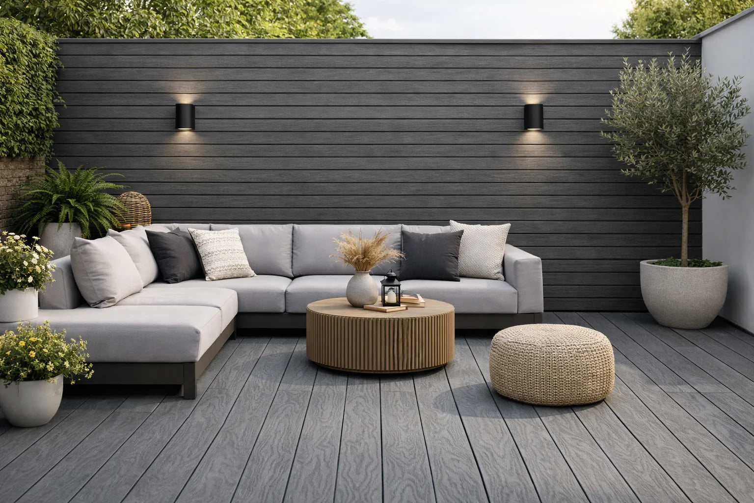 Grey Outdoor Decking panels 15cm x 290cm pack of 4 by Solid Furniture LTD installed in a UK garden, showing sleek, weather-resistant, low-maintenance finish and contemporary outdoor design
