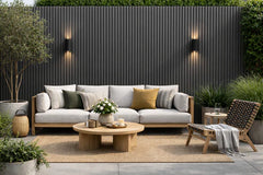 Installed grey outdoor wall panels 16x240cm pack of 12 UK by Solid Furniture LTD on exterior wall with modern slatted finish