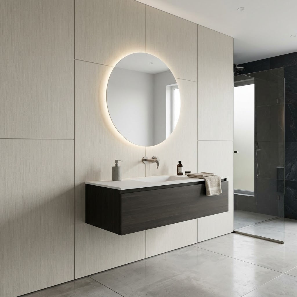 Grey plain PVC wall panels 60x240cm installed in a modern bathroom – Solid Furniture UK
