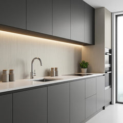 Grey plain PVC wall panels 60x240cm installed in a modern kitchen – Solid Furniture UK