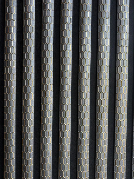 Grey quartz print acoustic wall panel with luxury 3D gold line design