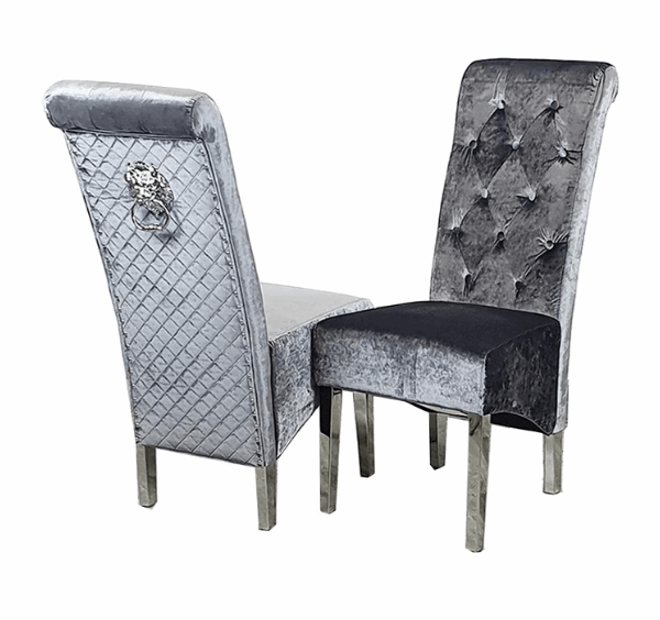 Grey shimmer Emma velvet dining chair UK main view with buttoned back design, chrome lion knocker, and polished chrome legs from Solid Furniture UK.
