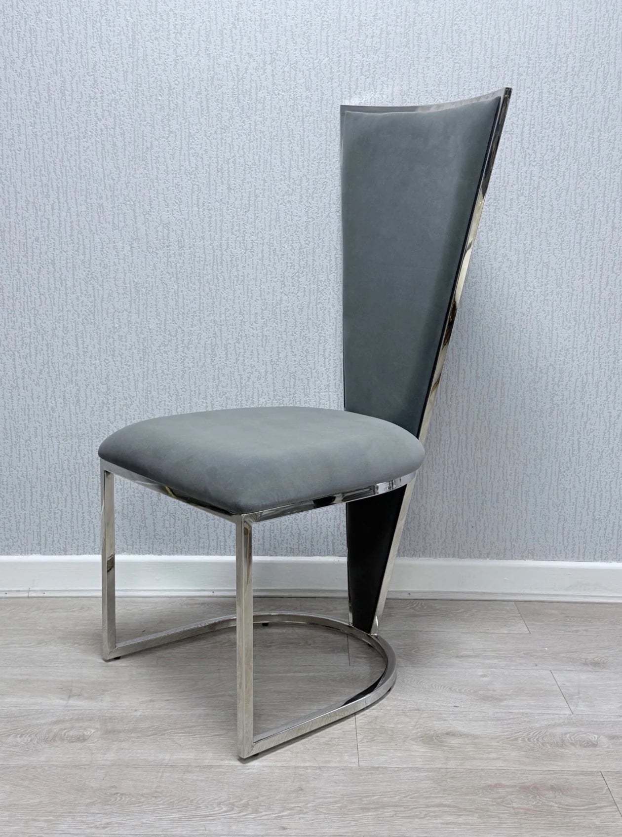 Side view of grey and silver Vienna dining chair upholstered luxury dining chair UK by Solid Furniture UK