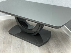 Grey Texas coffee table side view with high gloss top and U-shaped base | Solid Furniture UK
