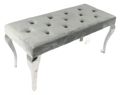 Grey velvet dining bench main view with cushioned seating and modern luxury design at Solid Furniture UK