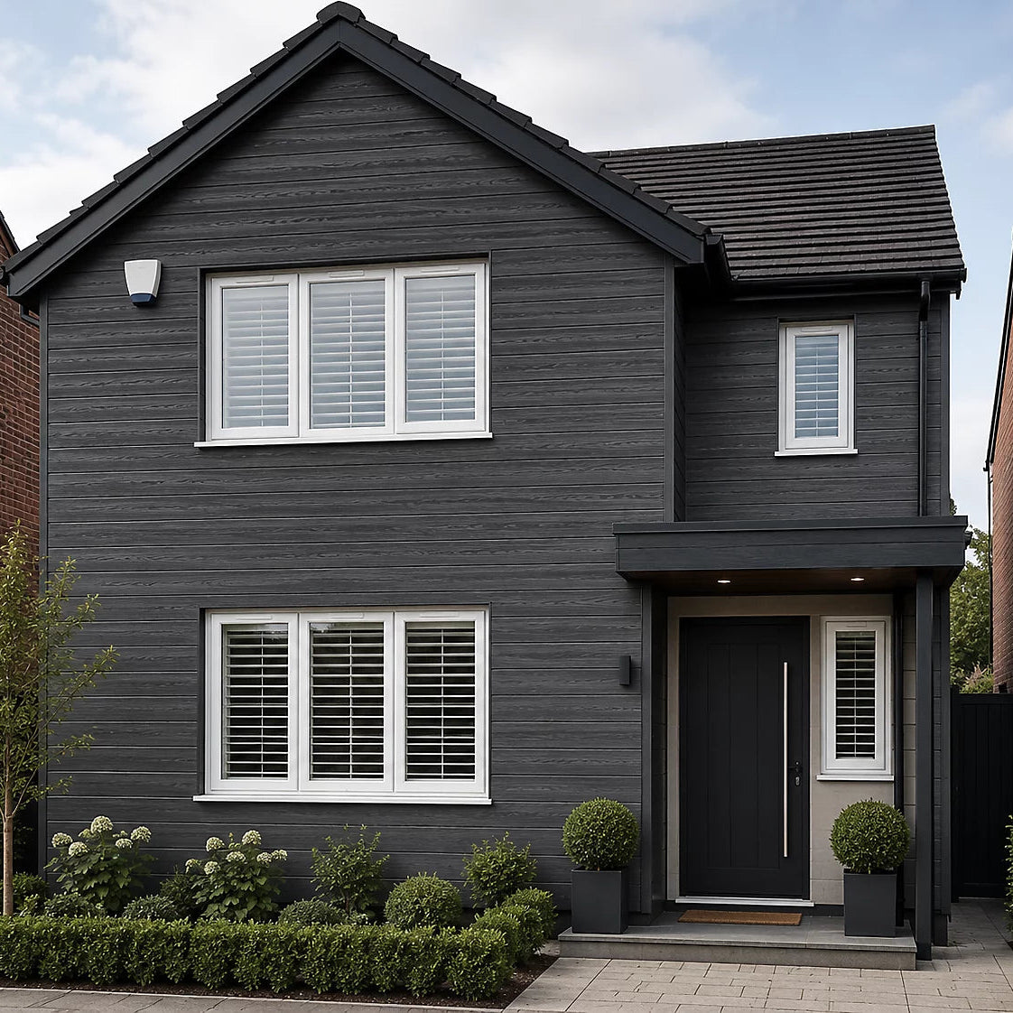 290cm grey waterproof outdoor WPC cladding panels installed on a house exterior by Solid Furniture UK