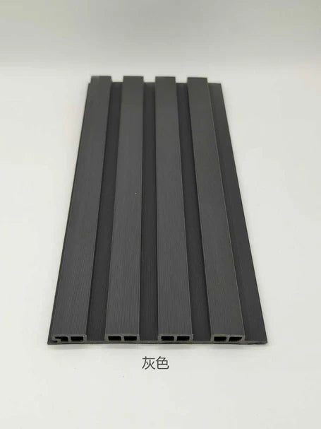 Front view of grey WPC outdoor wall panel 180cm and 290cm in the UK by Solid Furniture LTD, displaying clean structured slat design and modern exterior finish