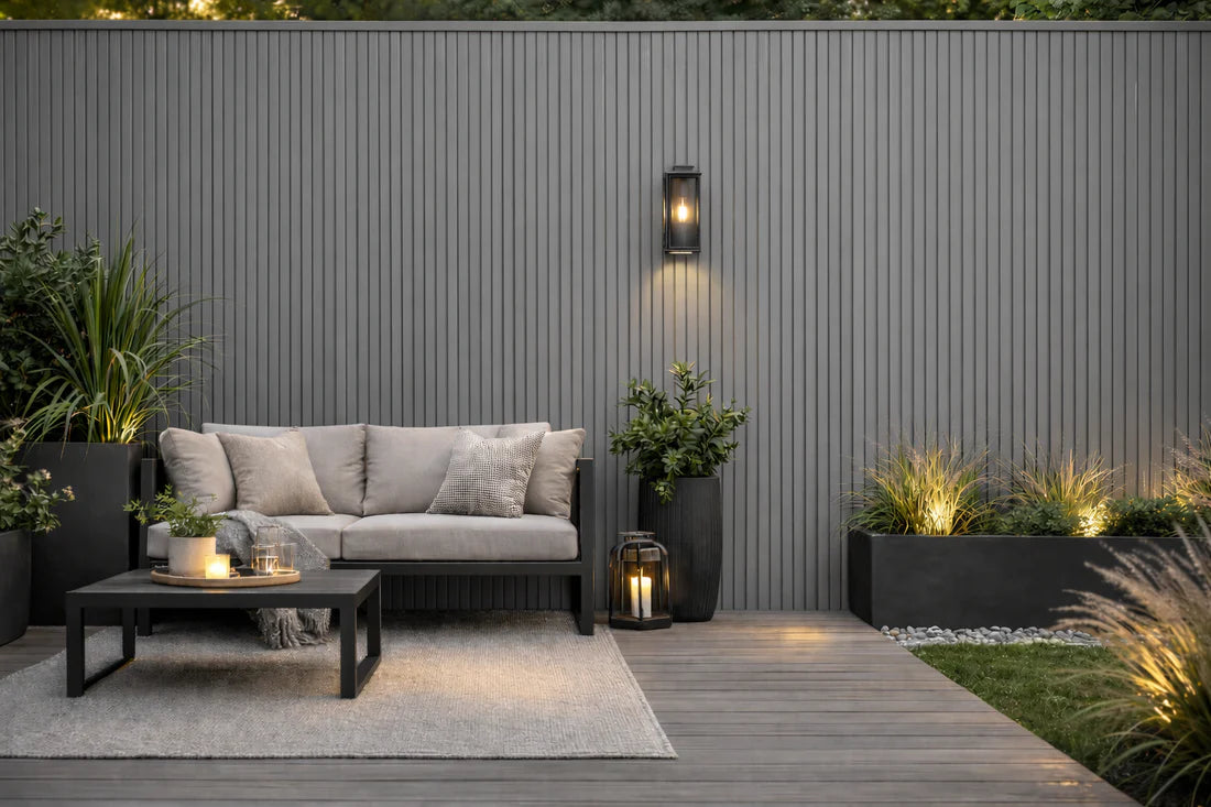 Grey WPC outdoor wall panels 180cm and 290cm installed on exterior wall in the UK by Solid Furniture LTD, ideal for gardens, patios, balconies, and feature walls