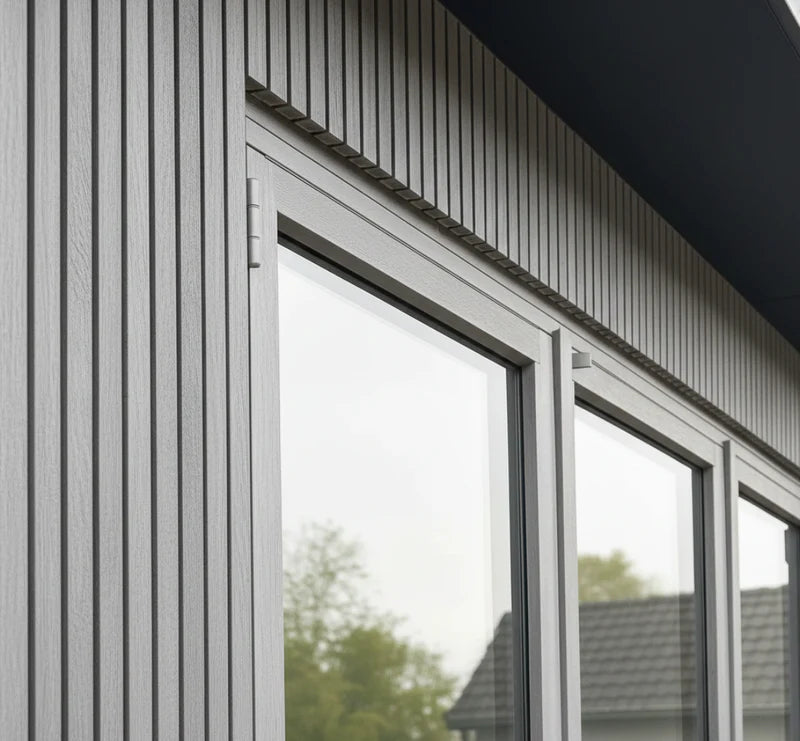 Grey WPC outdoor wall panels installed on a modern garden wall creating a sleek and contemporary finish solid furniture UK