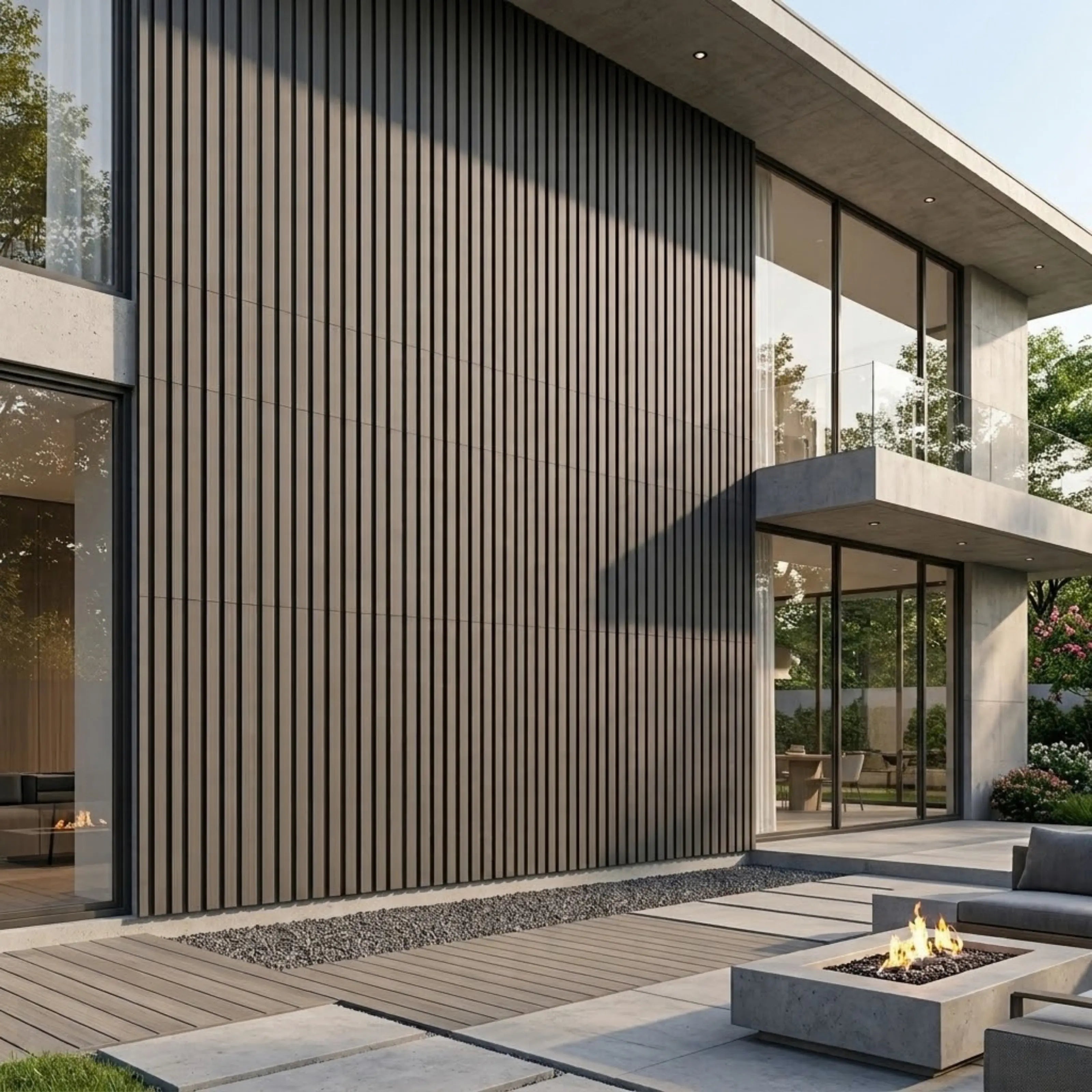 Grey waterproof WPC wall panels 16×240cm pack of 12 installed in a patio by Solid Furniture UK