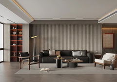 Close-up of grey seamless WPC wall panels showing realistic wood-grain texture in a contemporary indoor setting Solid Furniture UK