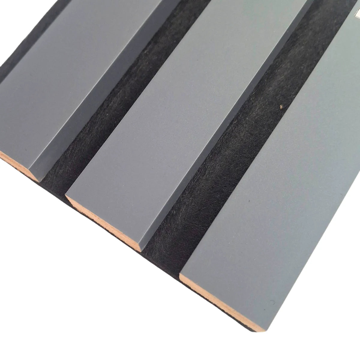 Close-up view of 3-sided Grey Color Slat Wall Panel (32x240mm slat size) showing smooth colored surface and acoustic felt backing. solid furniture UK