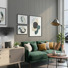 3-sided Grey Color Slat Wall Panels (32x240mm) installed on a modern living room feature wall, highlighting clean edges, depth, and contemporary style. solid furniture UK