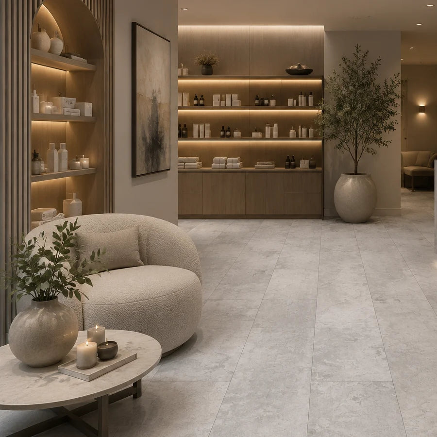Aurevia Grigio Venetian LVT Stone Effect Flooring from Solid Furniture UK fitted in a contemporary interior setting
