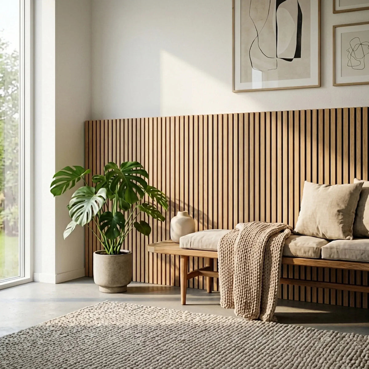 Half Height Maple Acoustic Wood Veneer Wall Panels installed in a modern living room from Solid Furniture UK
