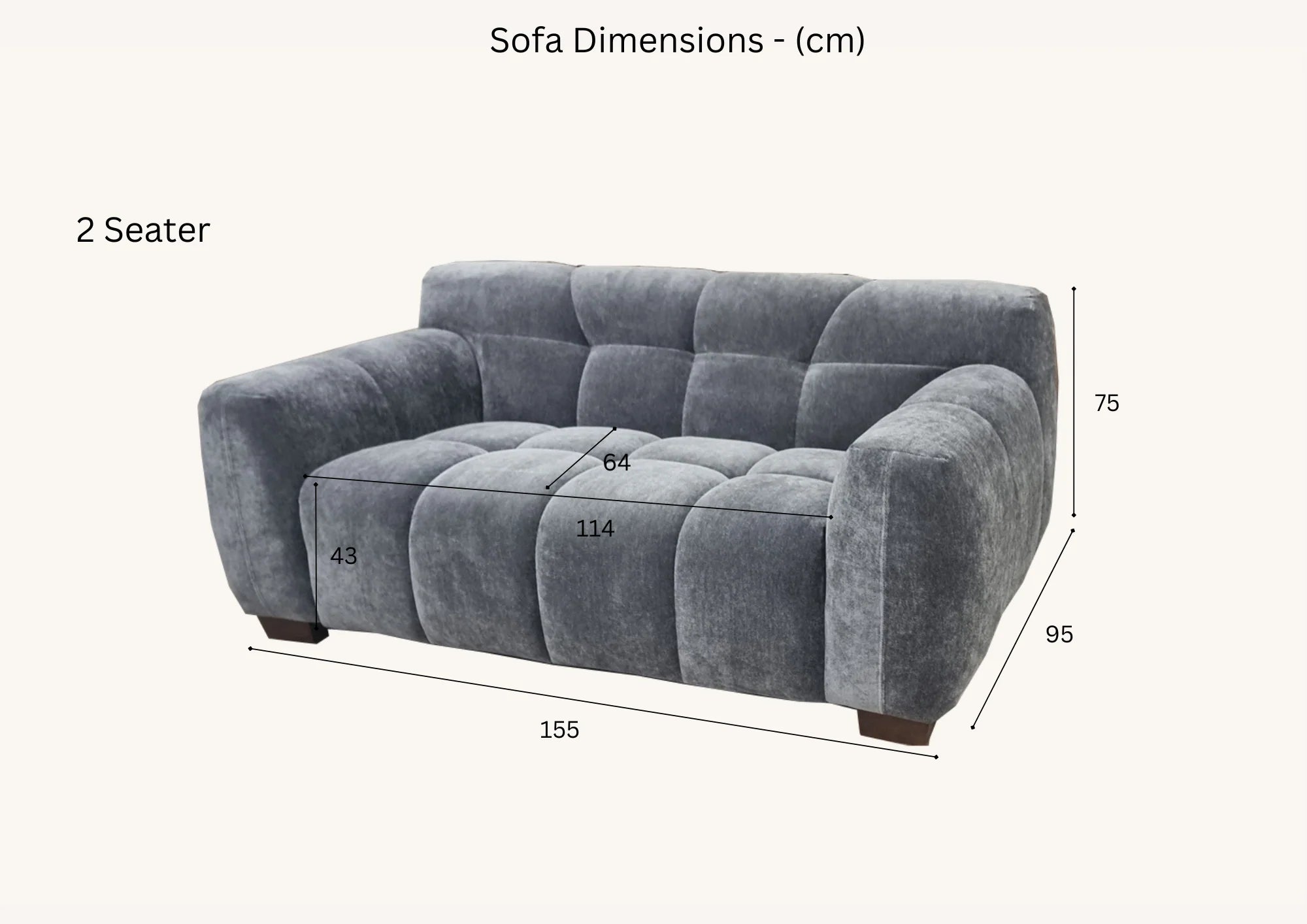 Harlem 2 seater sofa dimensions diagram showing length 155 cm, depth 95 cm, height 75 cm and seat height 43 cm, UK compact velvet sofa measurements solid furniture UK
