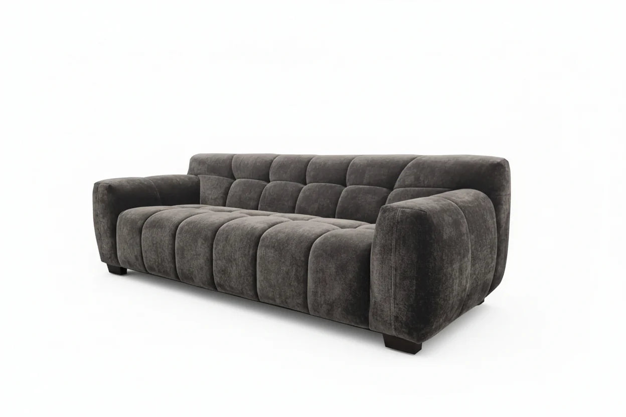 Harlem 3 seater sofa in chocolate velvet, main front view showing deep channel stitching and luxurious modern design, UK sofa set solid furniture UK