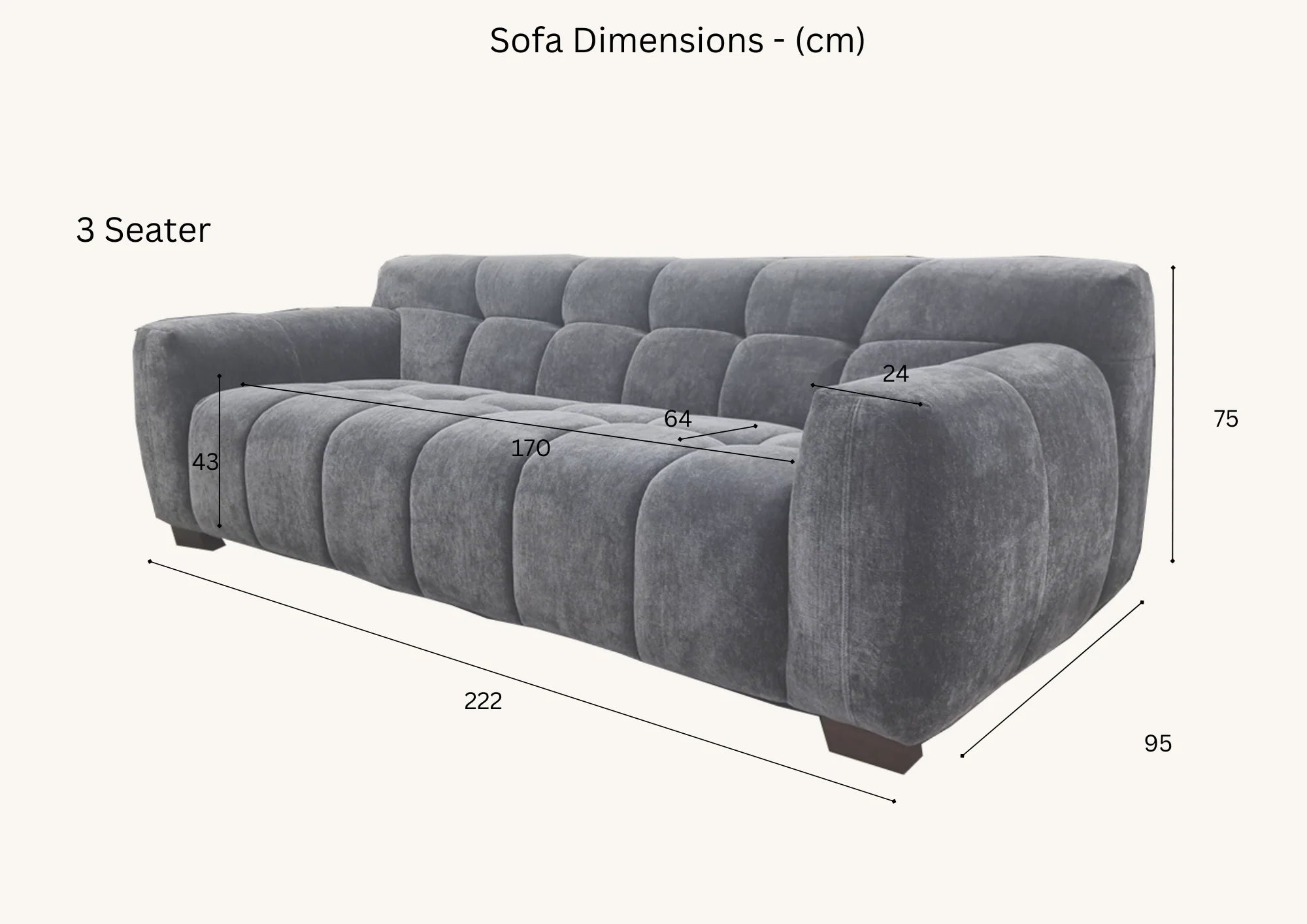 Harlem 3 seater sofa dimensions diagram showing length 222 cm, depth 95 cm, height 75 cm and seat height 43 cm, UK velvet sofa measurements solid furniture UK