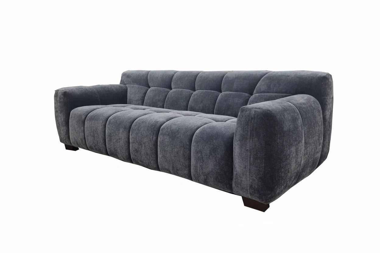 Harlem 3 seater sofa in steel velvet upholstery, main front view showing deep channel stitching and modern curved design, UK living room furniture solid furniture uk