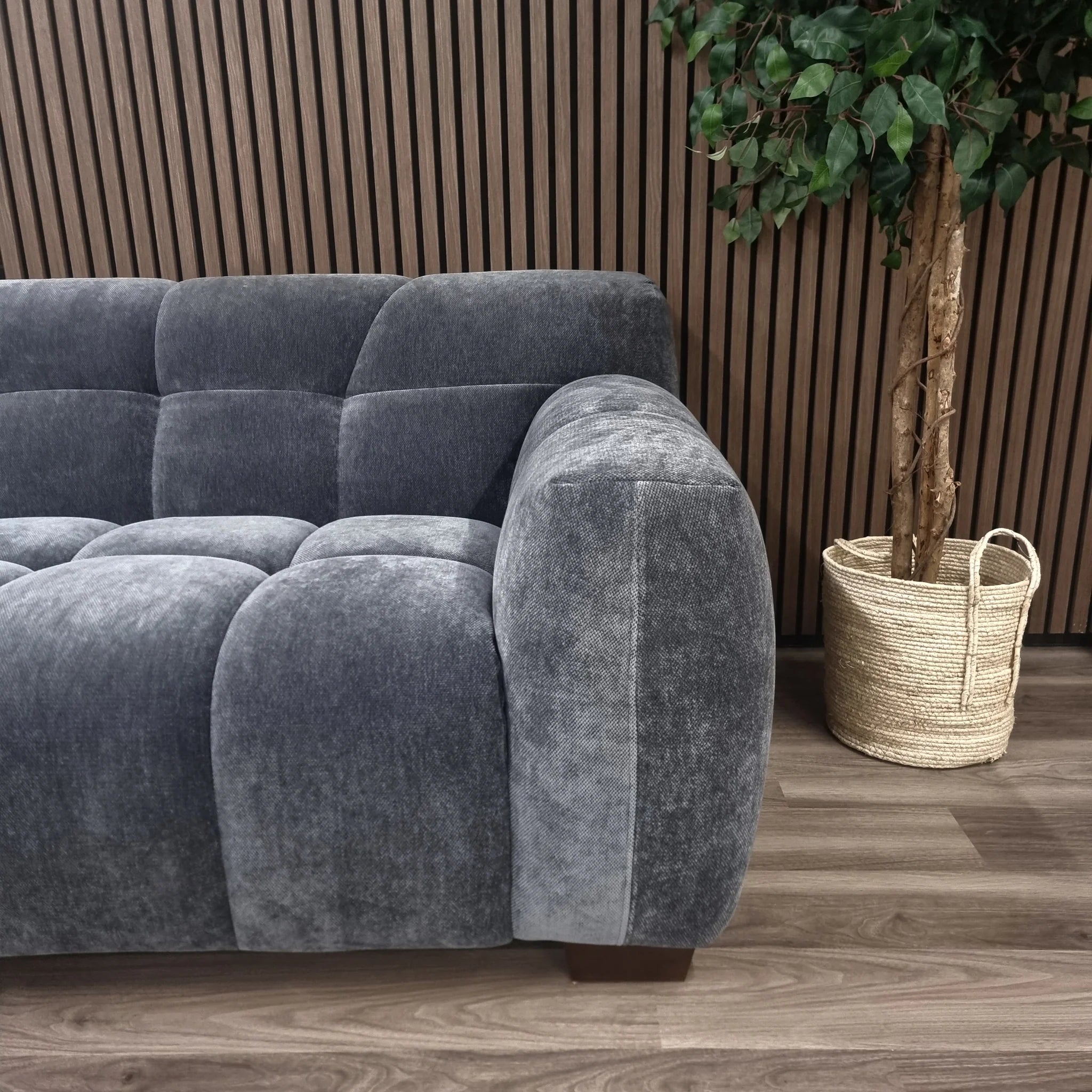 Harlem 3 seater sofa steel velvet side view highlighting arm shape, wooden frame structure and seat depth, modern UK velvet sofa set solid furniture UK