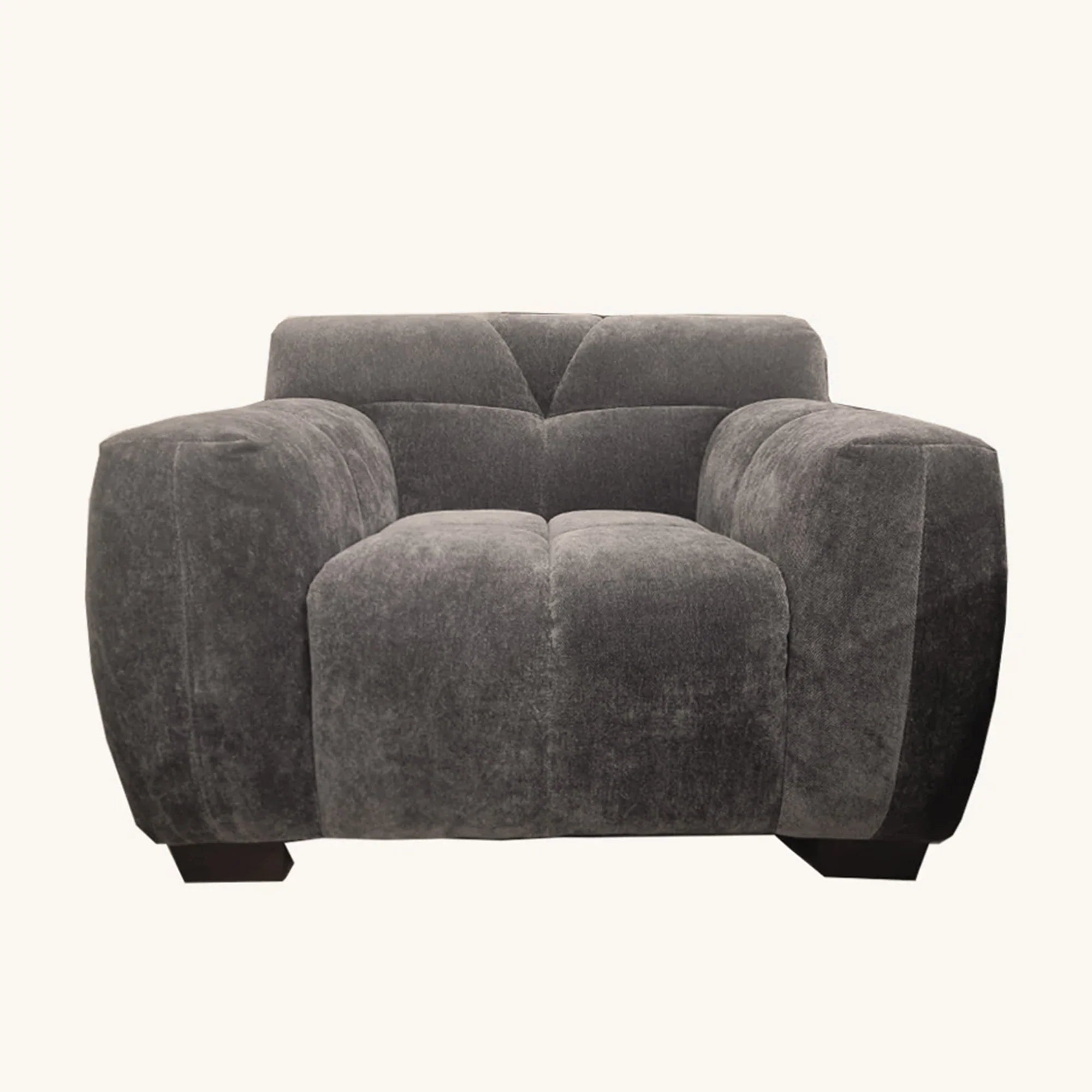 Harlem armchair in chocolate velvet, front view showing plush cushioning and elegant channel stitched design, UK accent chair solid furniture UK